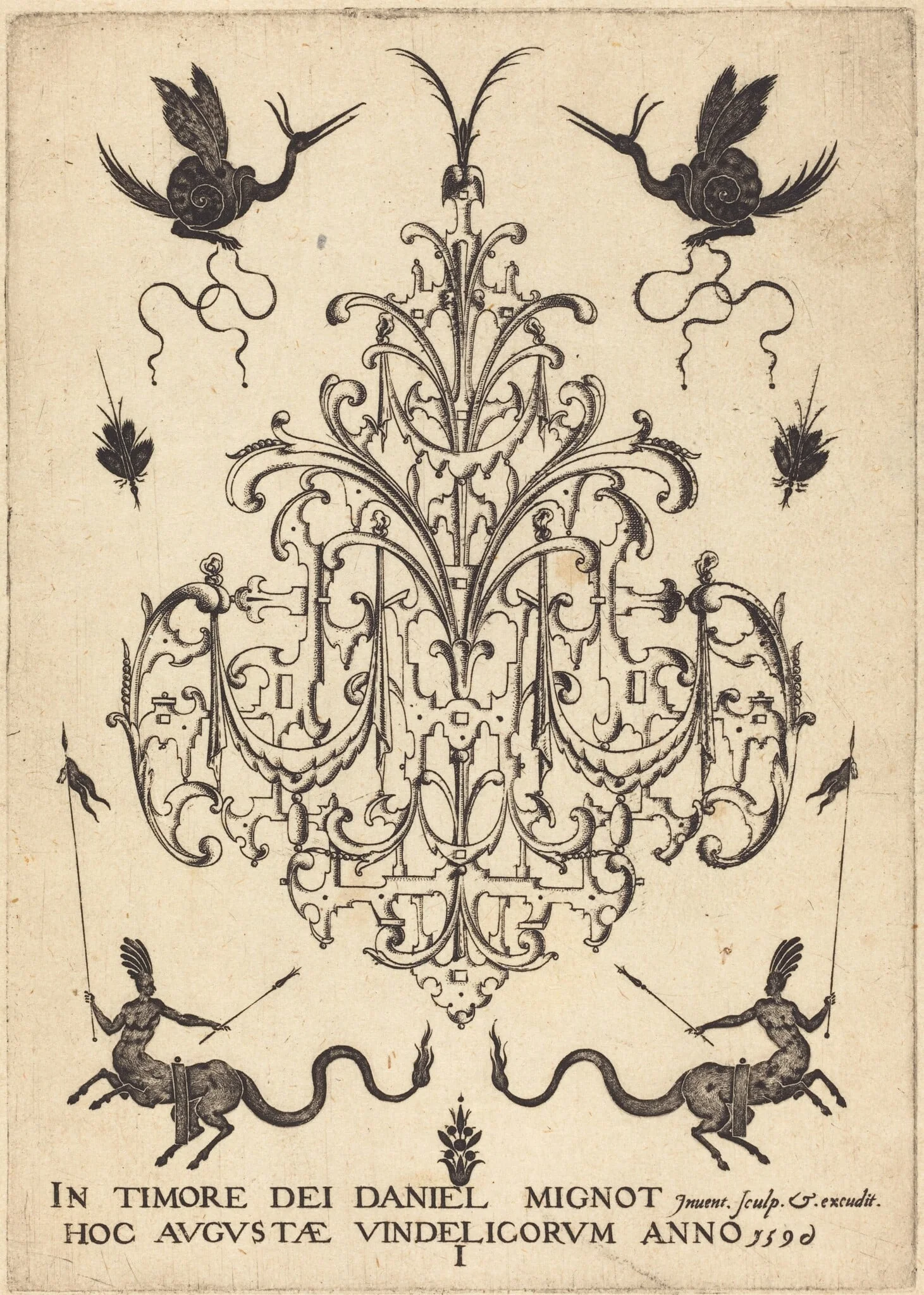 Title-Page: Brooch, Snail-like Animals  Above, Centaurs with Banners at Bottom