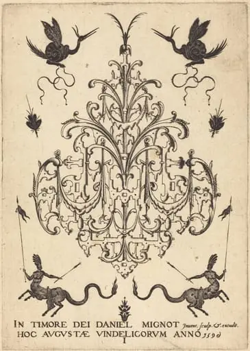 Title-Page: Brooch, Snail-like Animals  Above, Centaurs with Banners at Bottom