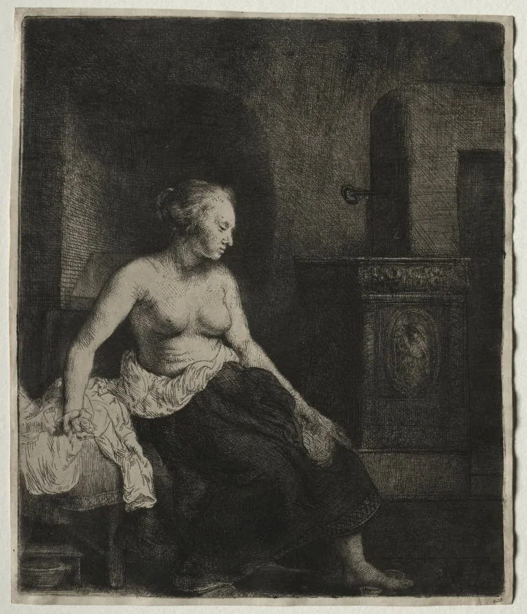 Woman Sitting Half Dressed Beside a Stove, by Rembrandt, 1658