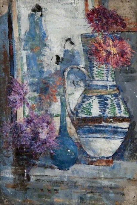 Still Life, a Vase, a Bottle and a Jug with Flowers, by John Quinton Pringle, oil, 1923