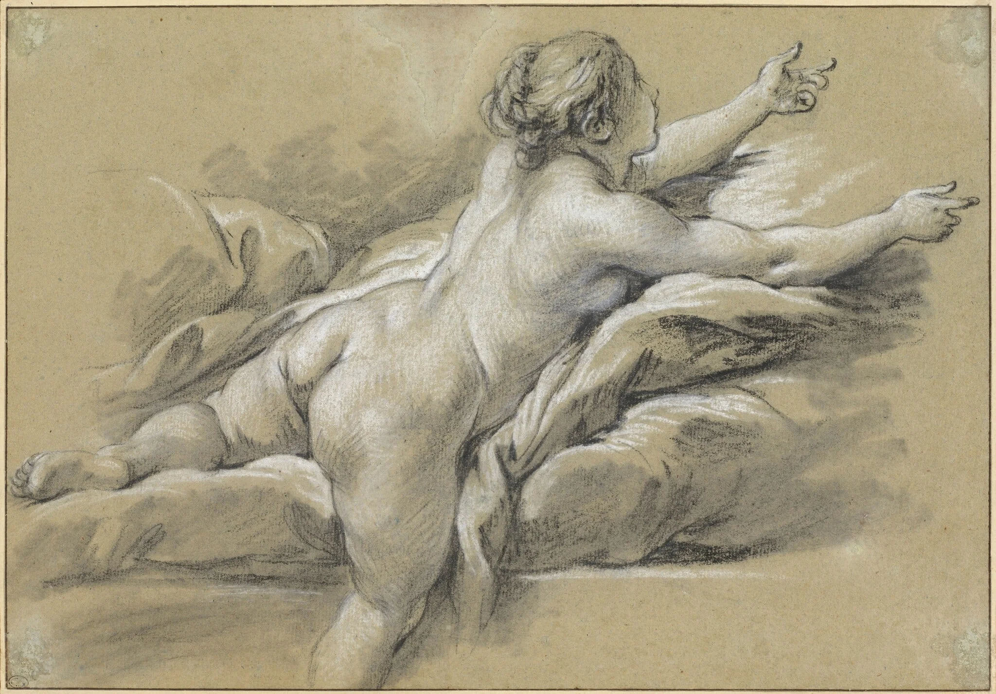 A Nude Woman Reaching to the Right, by François Boucher, chalk, 1769