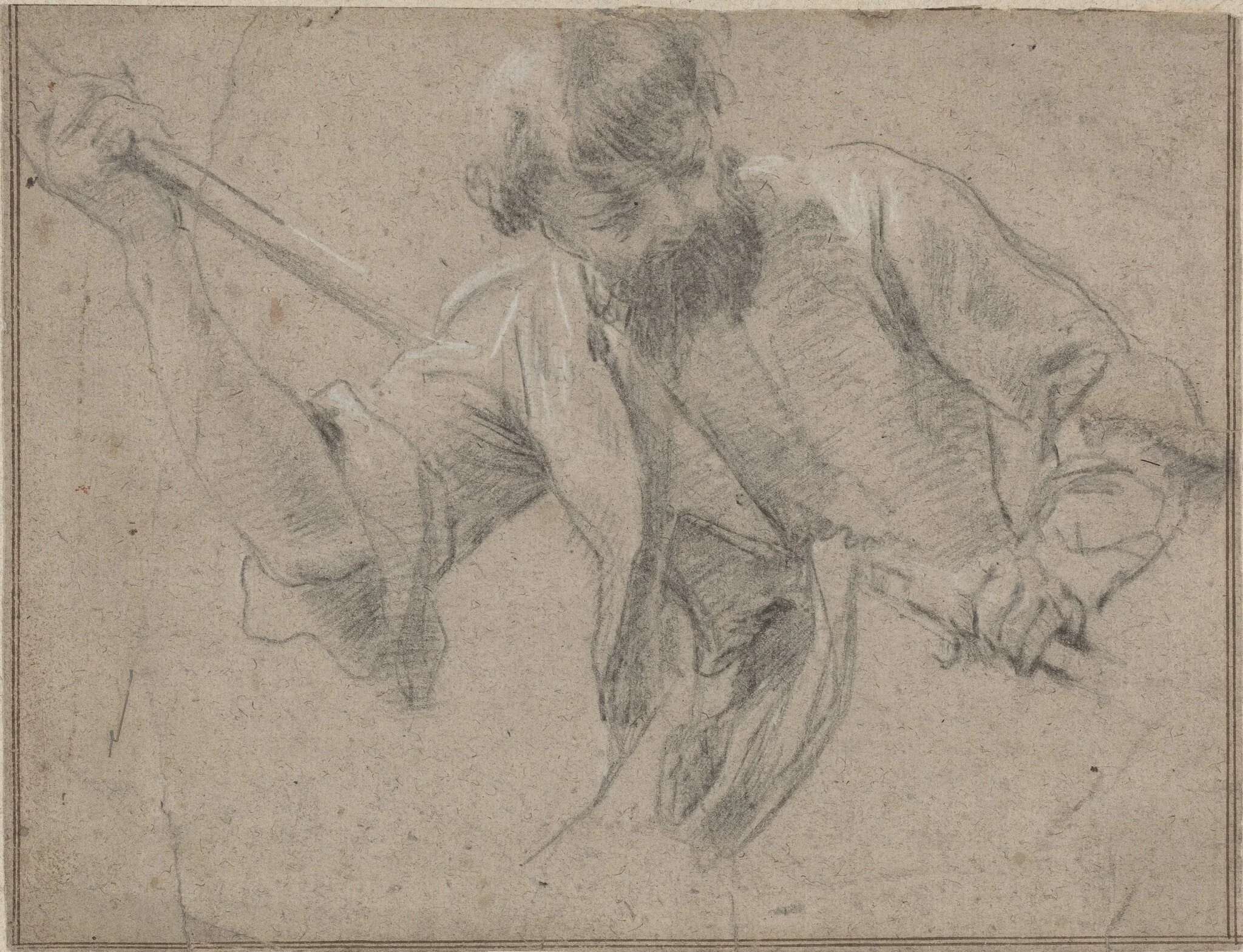 A Bearded Man with a Staff, by Simon Vouet, chalk, 1620