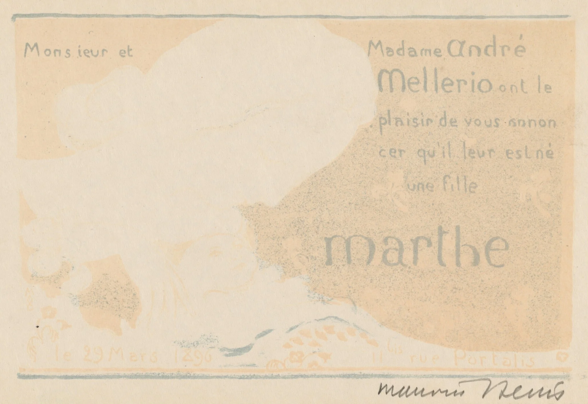 Birth Announcement for Marthe Mellerio, by Maurice Denis, ink, 1896