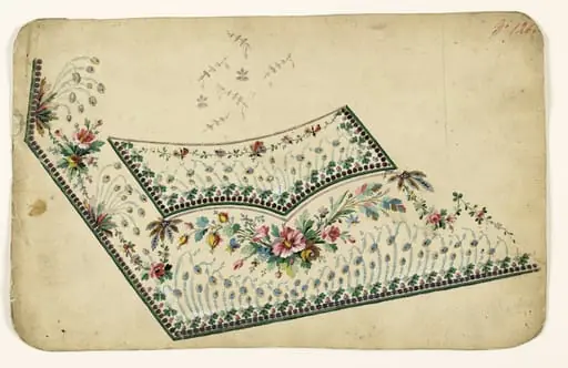 Composition florale de chardons bleus, frises de perles violettes, guirlandes de fleurs et d'insectes volants, projets de broderies de gilet, XVIIIème siècle