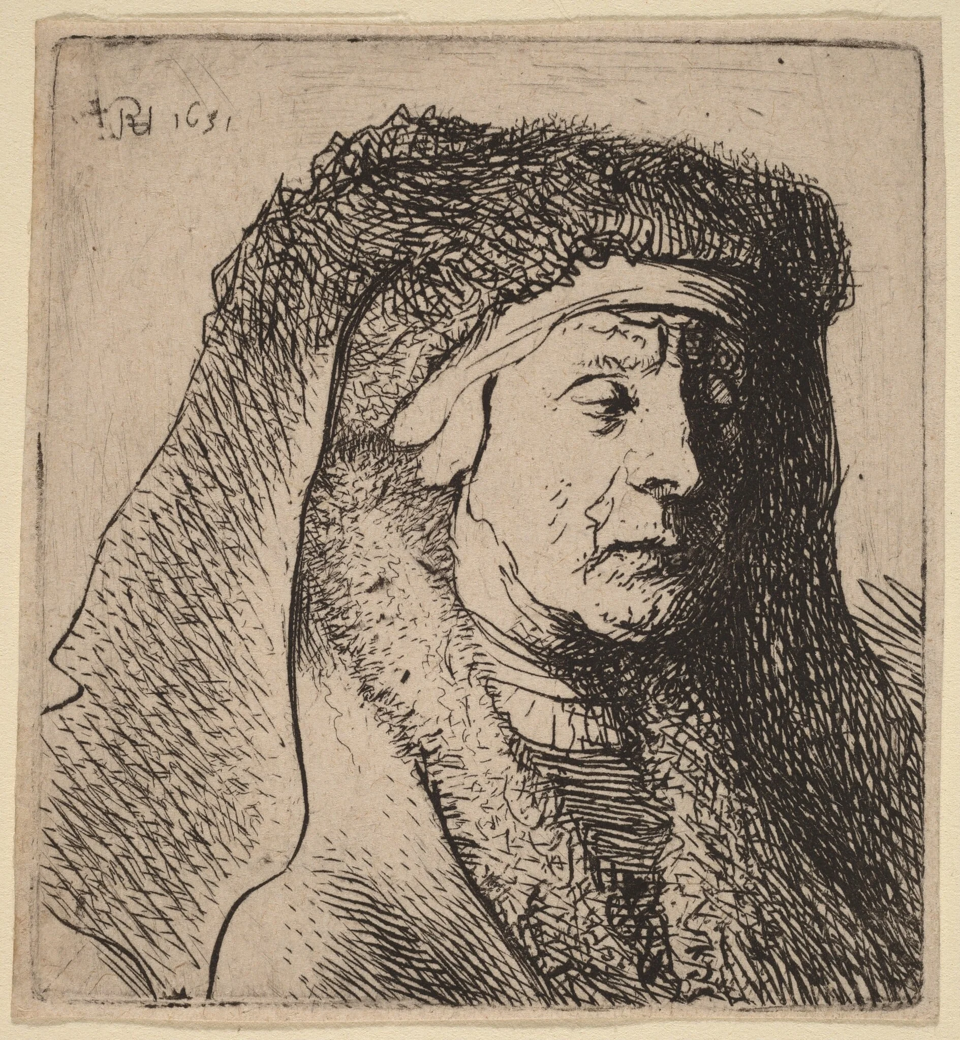 Bust of an Old Woman in a Furred Cloak and Heavy Headdress, by Rembrandt, ink, 1631