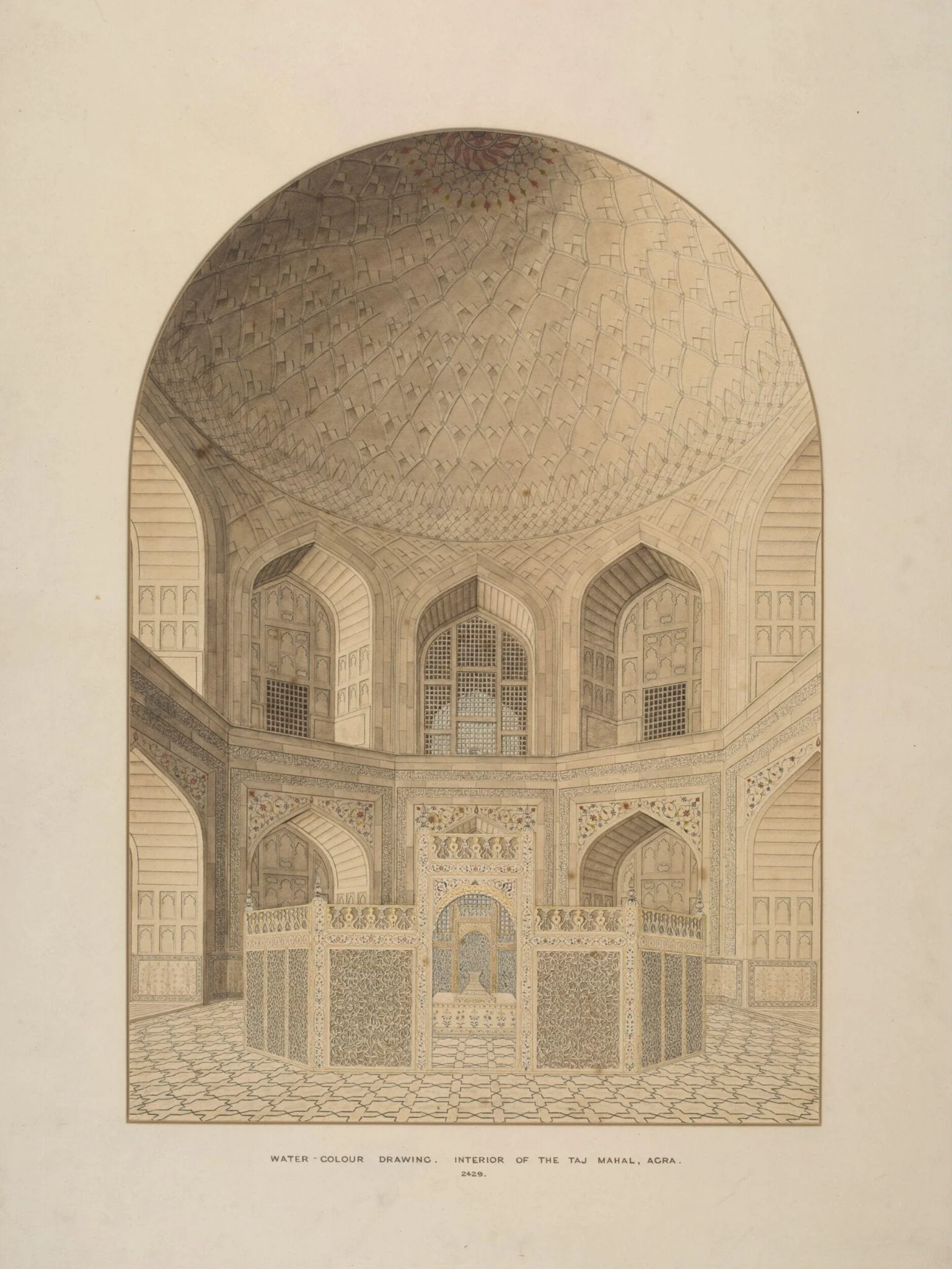 Interior of the Tomb Chamber, Taj Mahal, Agra, by Unknown, paint, 1820