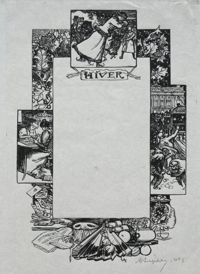 Paris Almanac, 1897:  Decorative Border, Winter, by Auguste Lepère, 1897