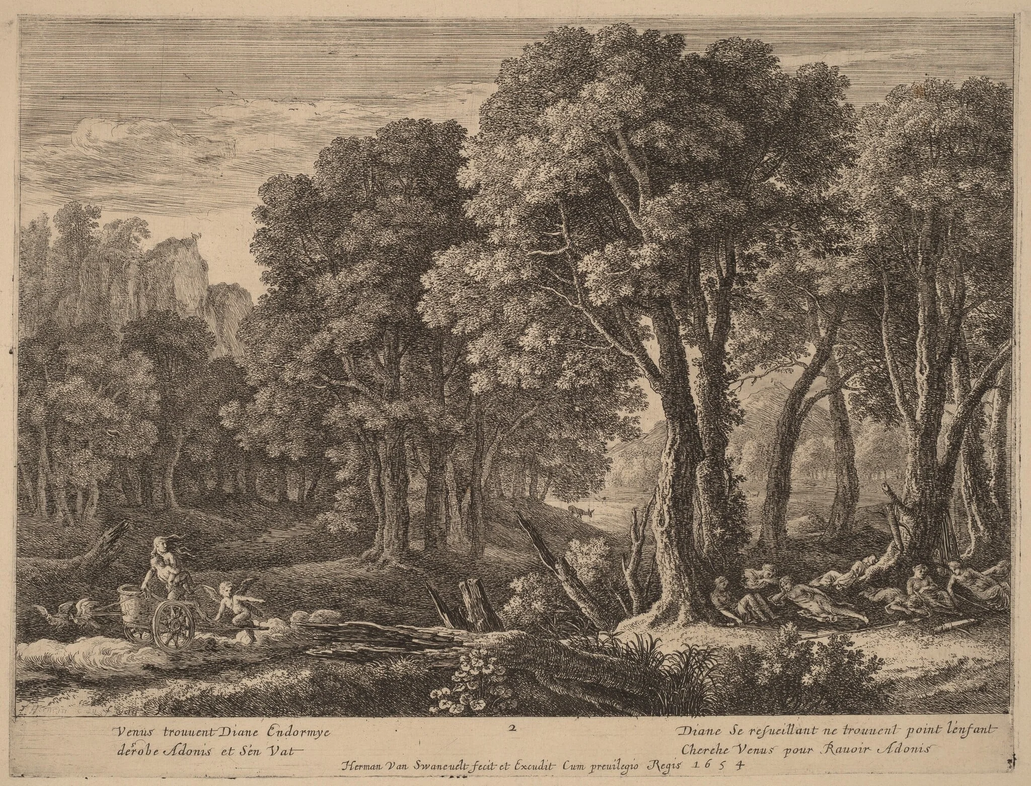 Venus Abducting Adonis, by Herman van Swanevelt, ink, 1628