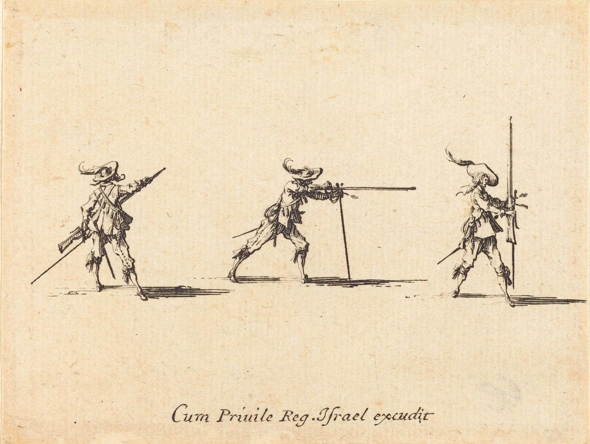 Taking the Firing Position with the Musket, by Jacques Callot, ink, 1634