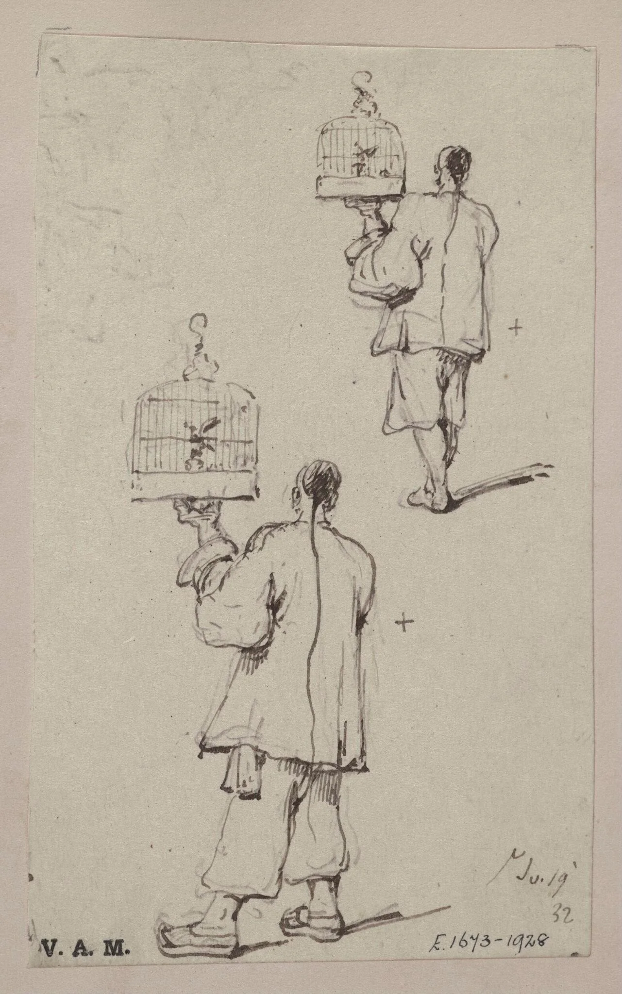 Two studies of a Chinese man holding up a birdcage, by George Chinnery, 19