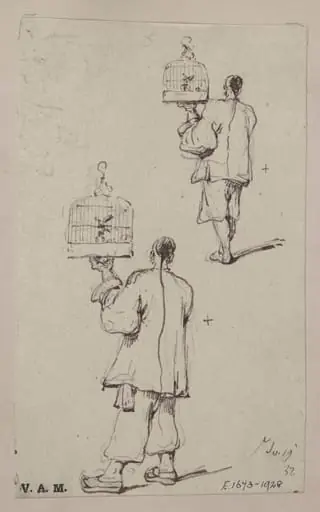 Two studies of a Chinese man holding up a birdcage