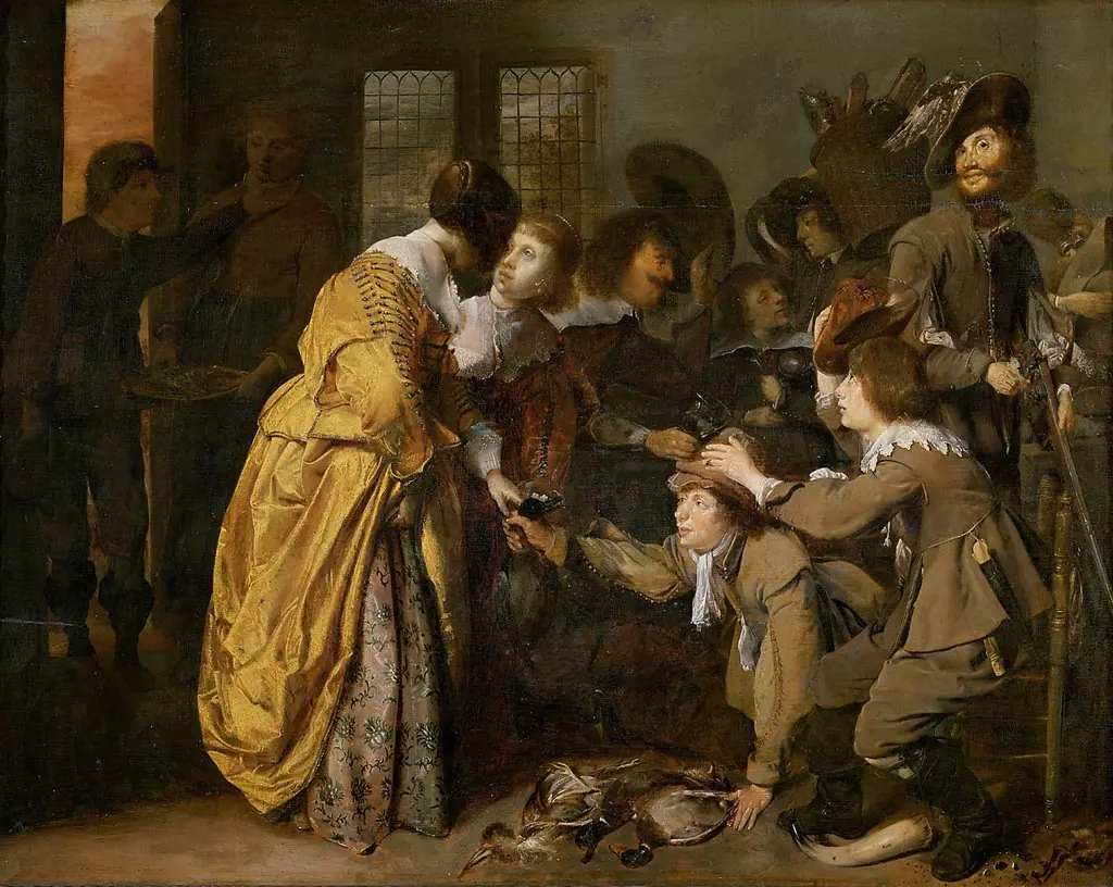 Interior with men returning from hunting and women inspecting the game