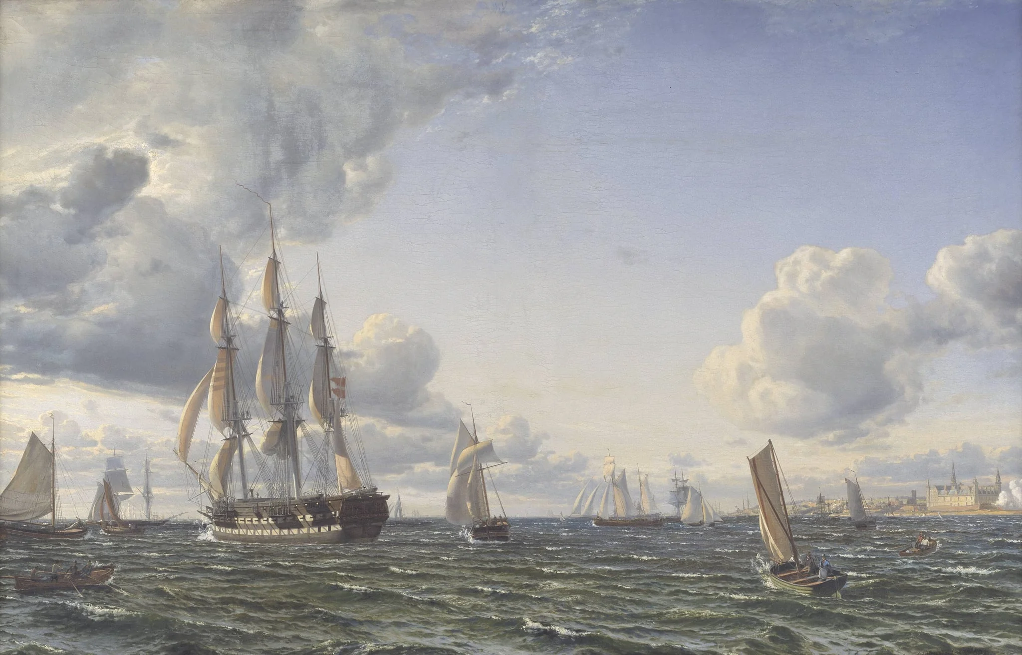 Linieskibet "Valdemar" krydser Sundet ind for en frisk bramsejlskuling, by Unknown, 1856