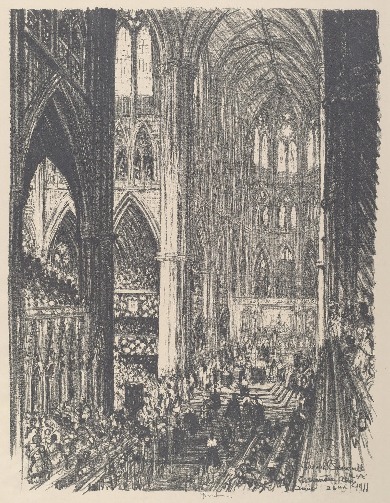 Coronation of King George V and Queen Mary in Westminster Abbey, by Joseph Pennell, ink, 1911