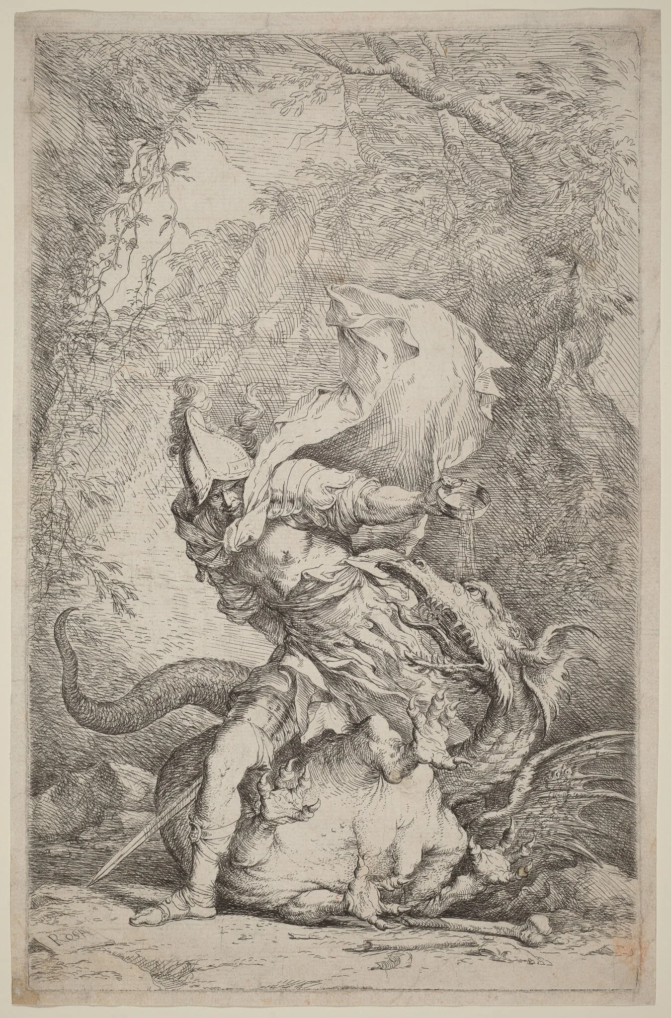 Jason and the Dragon, by Salvator Rosa, ink, 1664