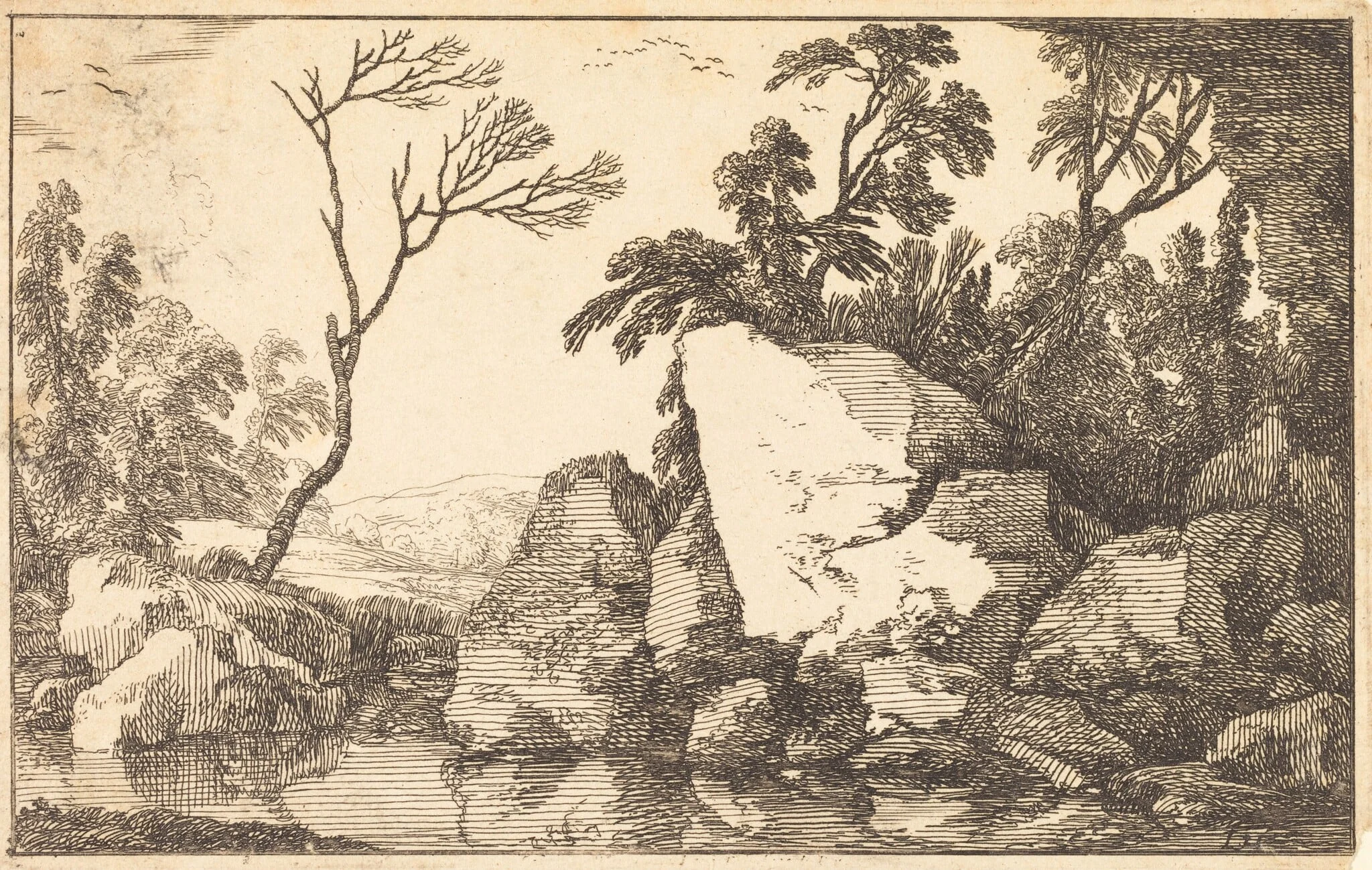 A Rocky Pond, by Laurent de La Hyre, ink, 1640