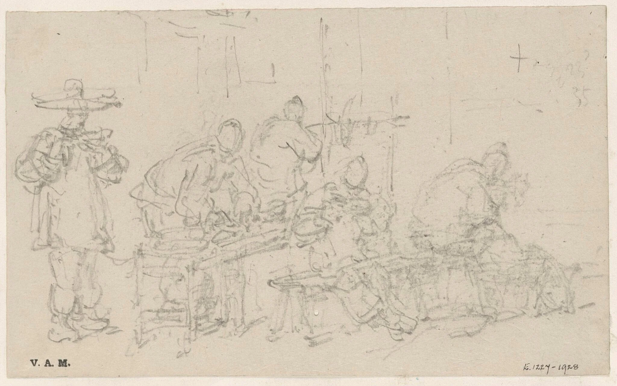 Sketches of figures at a foodstall