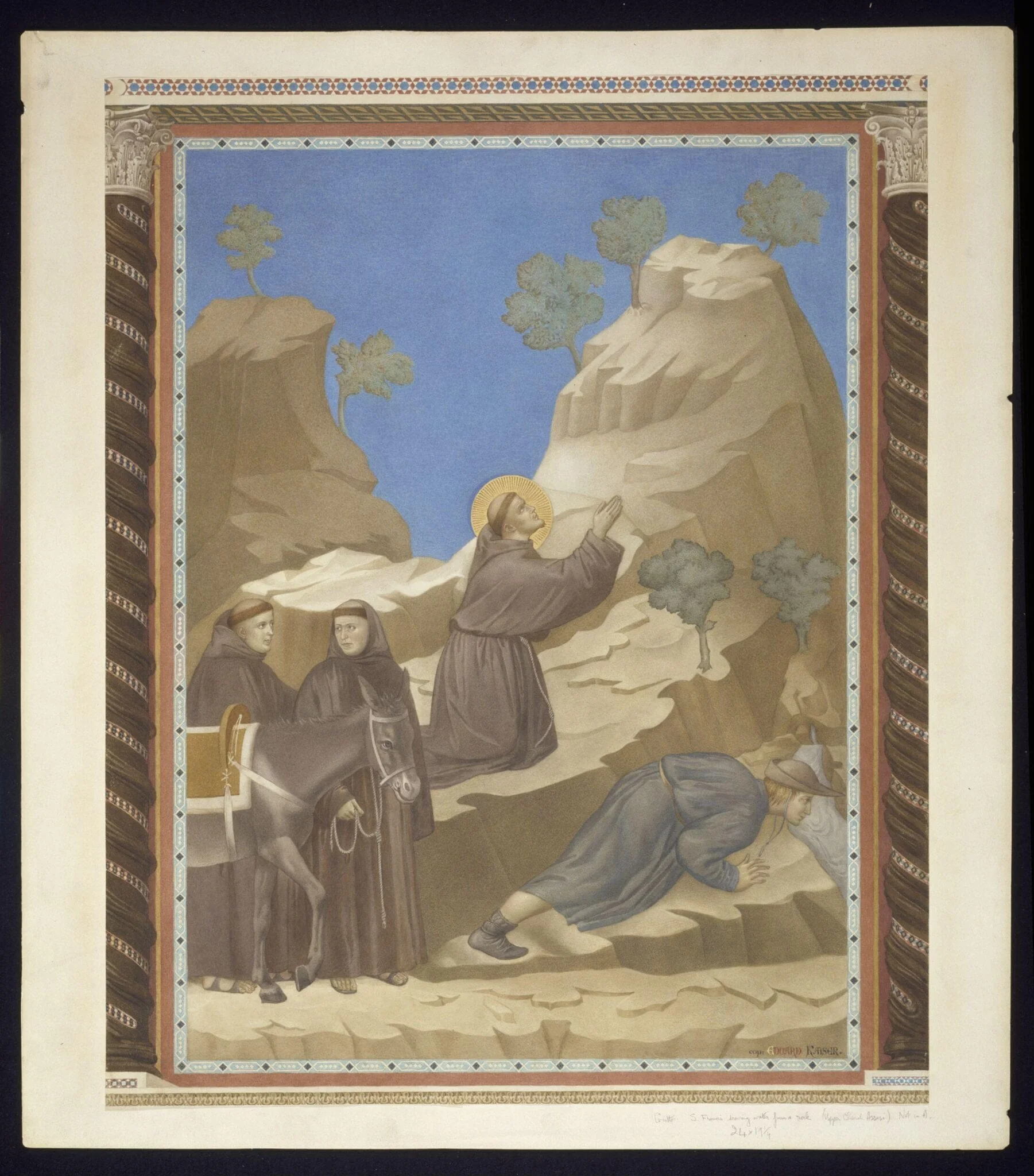 Copy after the painting St Francis Drawing water  from the rock by the Master of the St Francis cycle in  the Upper Church, San Francesco, Assisi, by Edward Kaiser, watercolor, 1874