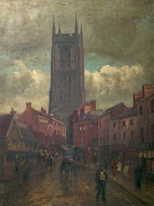 All Saints' Church Tower, Queen Street, Derby, by Alfred John Keene, oil, 1895