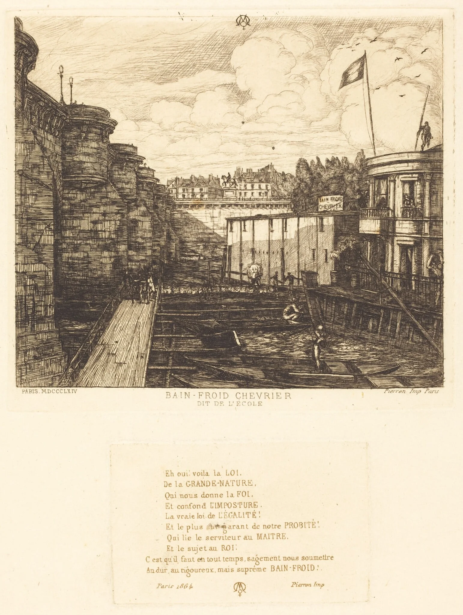 Bain-froid chevrier, dit "de l'École" (Chevrier's Cold-Bath Establishment, Sometimes called the "School-Baths"), by Charles Meryon, ink, 1864