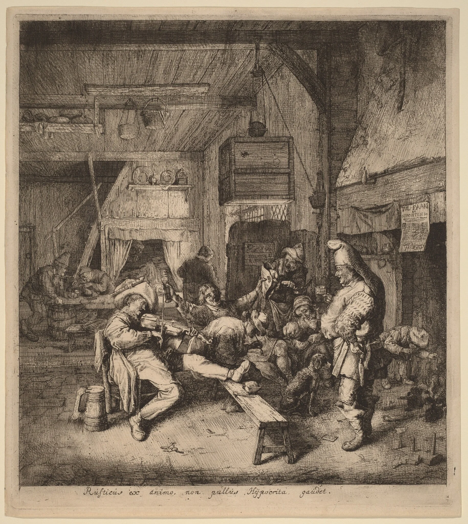 Violin Player Seated in a Tavern, by Cornelis Dusart, ink, 1685
