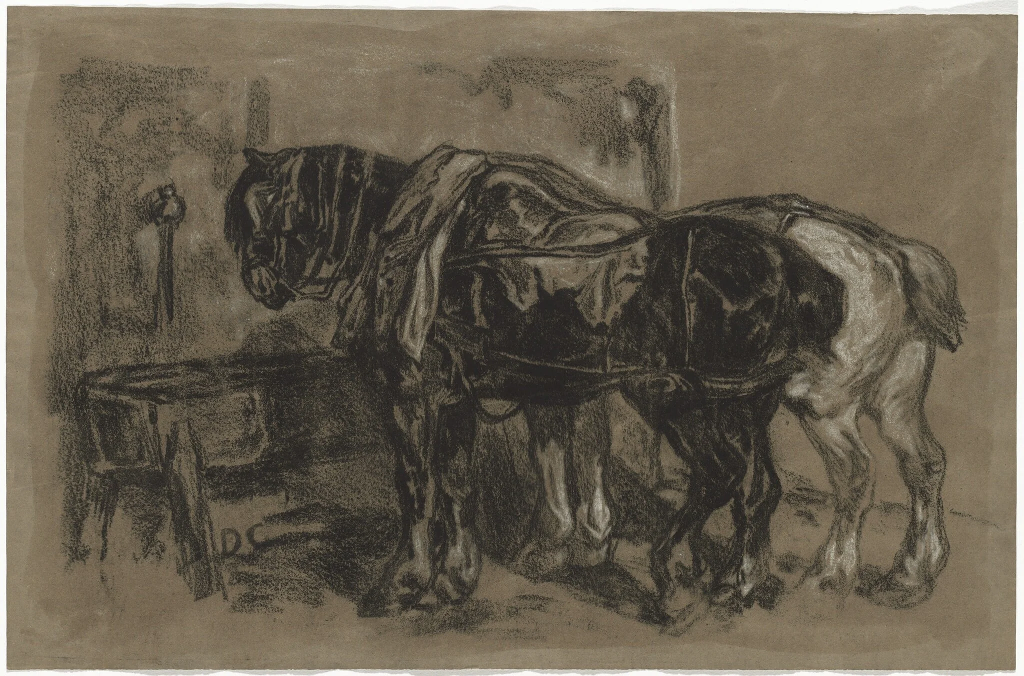 Two Draft Horses, by Alexandre Gabriel Decamps, chalk, 1830