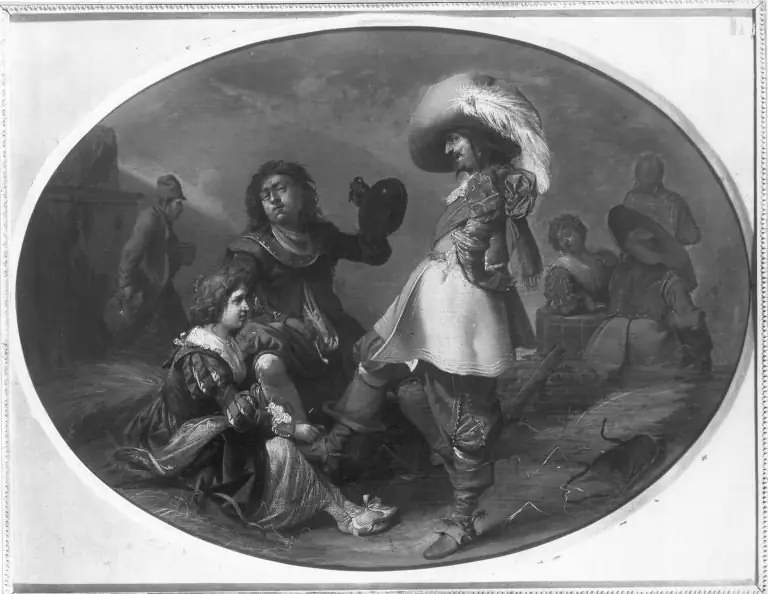 Company of an officer, soldiers and young women in a guardroom