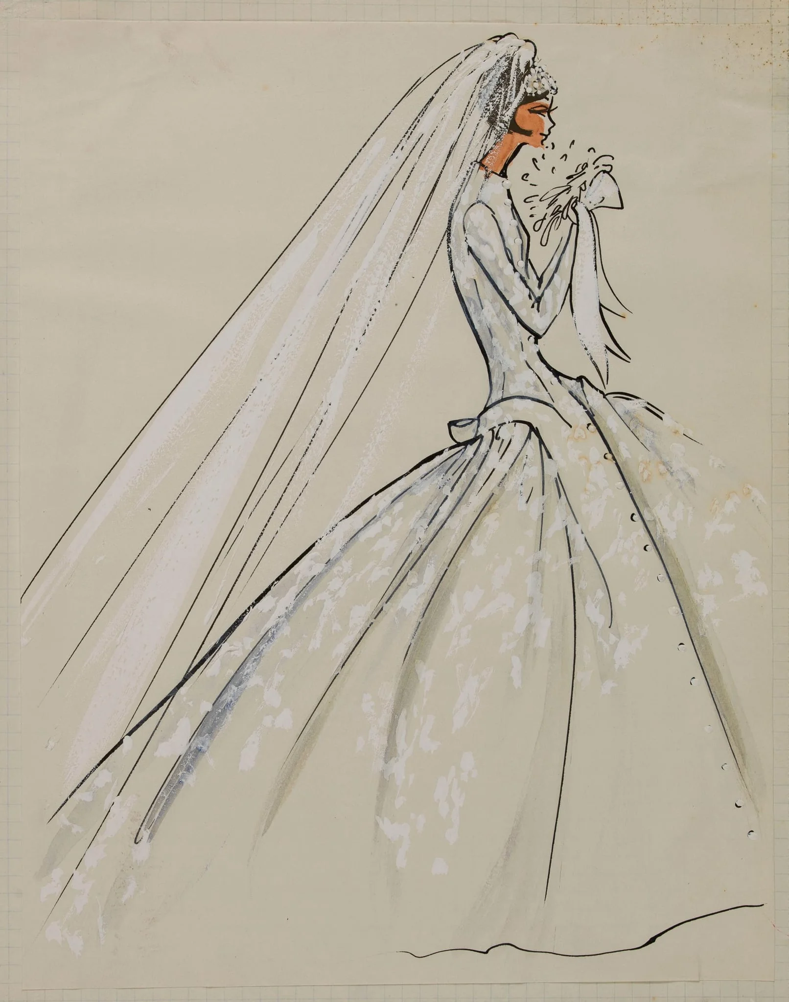 Robe de mariée à longue jupe évasée à fin boutonnage sur le devant et long voile, by Carven, unspecified, 1958