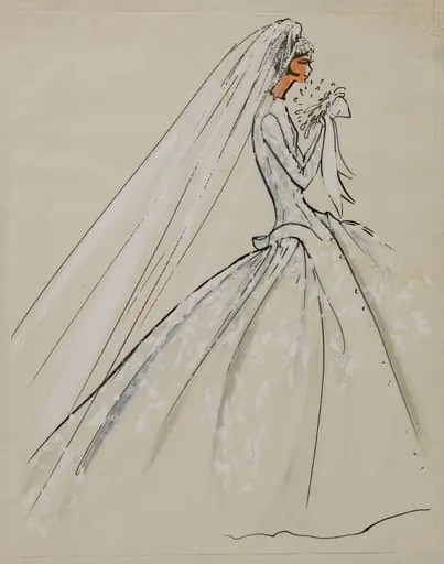 Robe de mariée à longue jupe évasée à fin boutonnage sur le devant et long voile