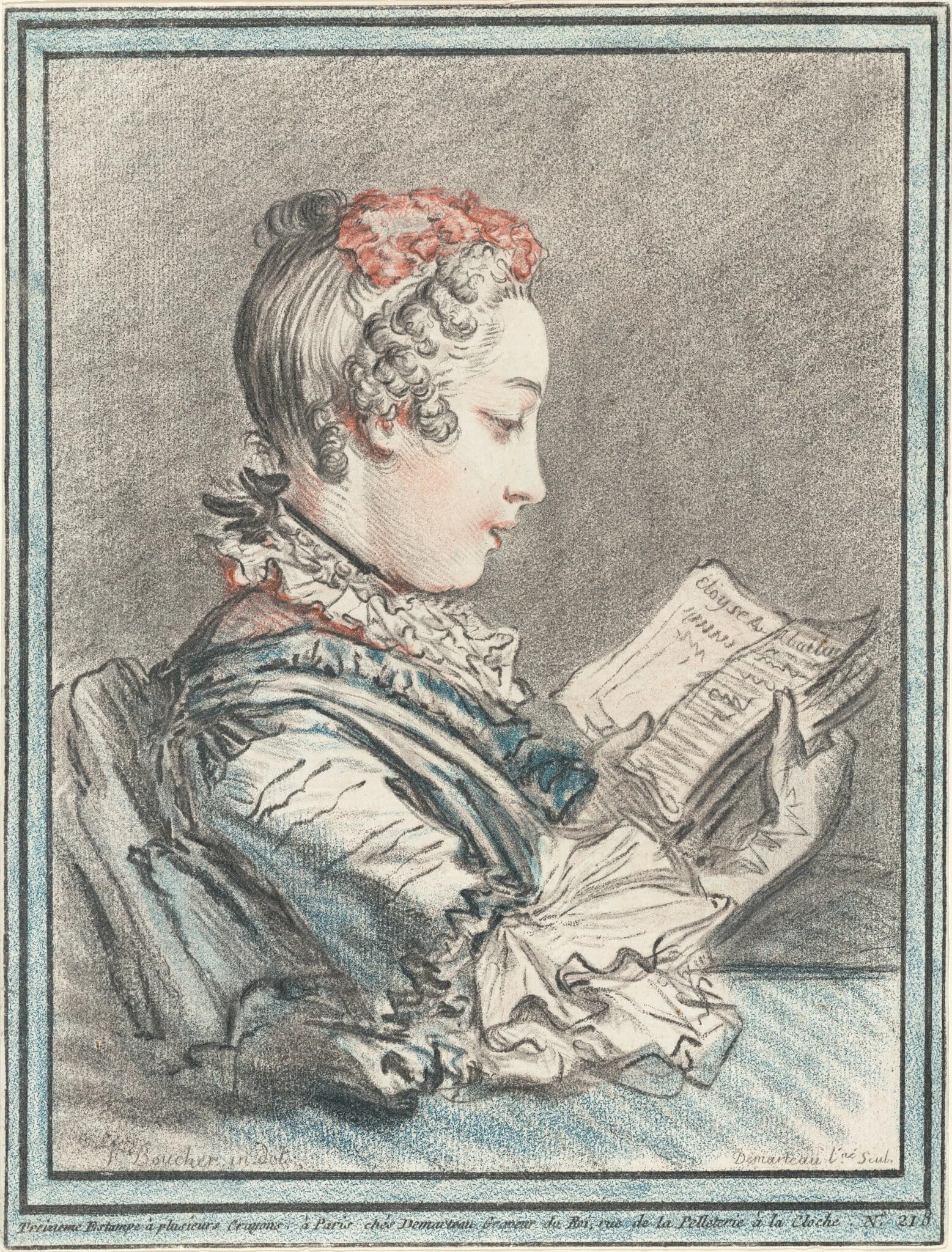 Young Girl Reading "Héloise and Abélard", by Gilles Demarteau the Elder, chalk, 1770
