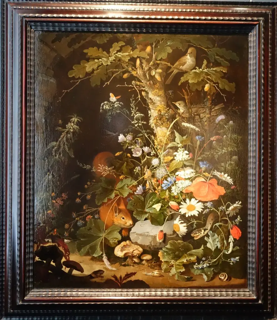 Forest floor still life with flowers, animals and insects