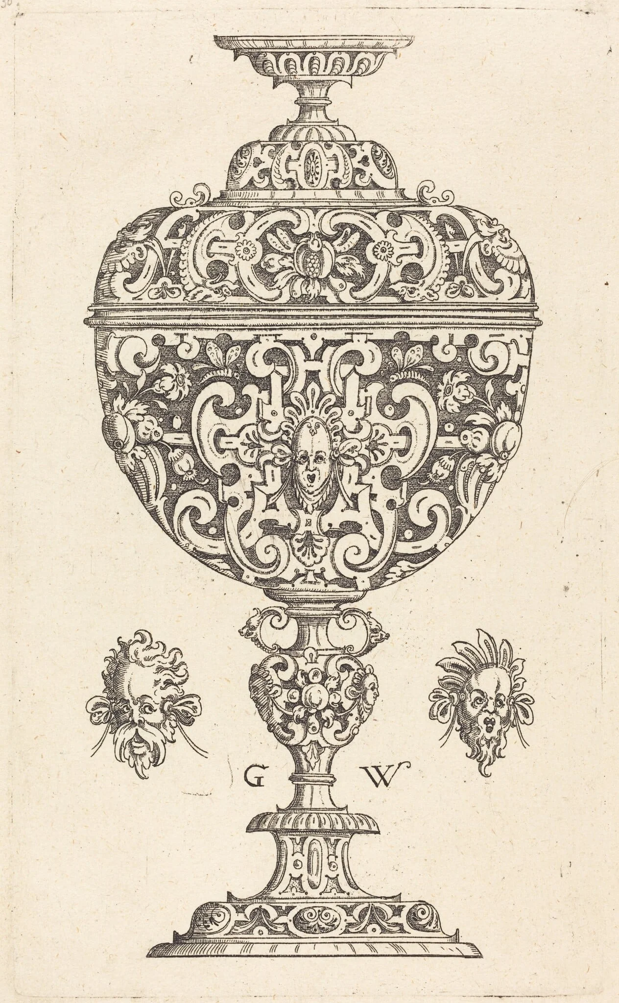 Goblet decorated with a masque with open mouth, by Georg Wechter I, ink, 1579