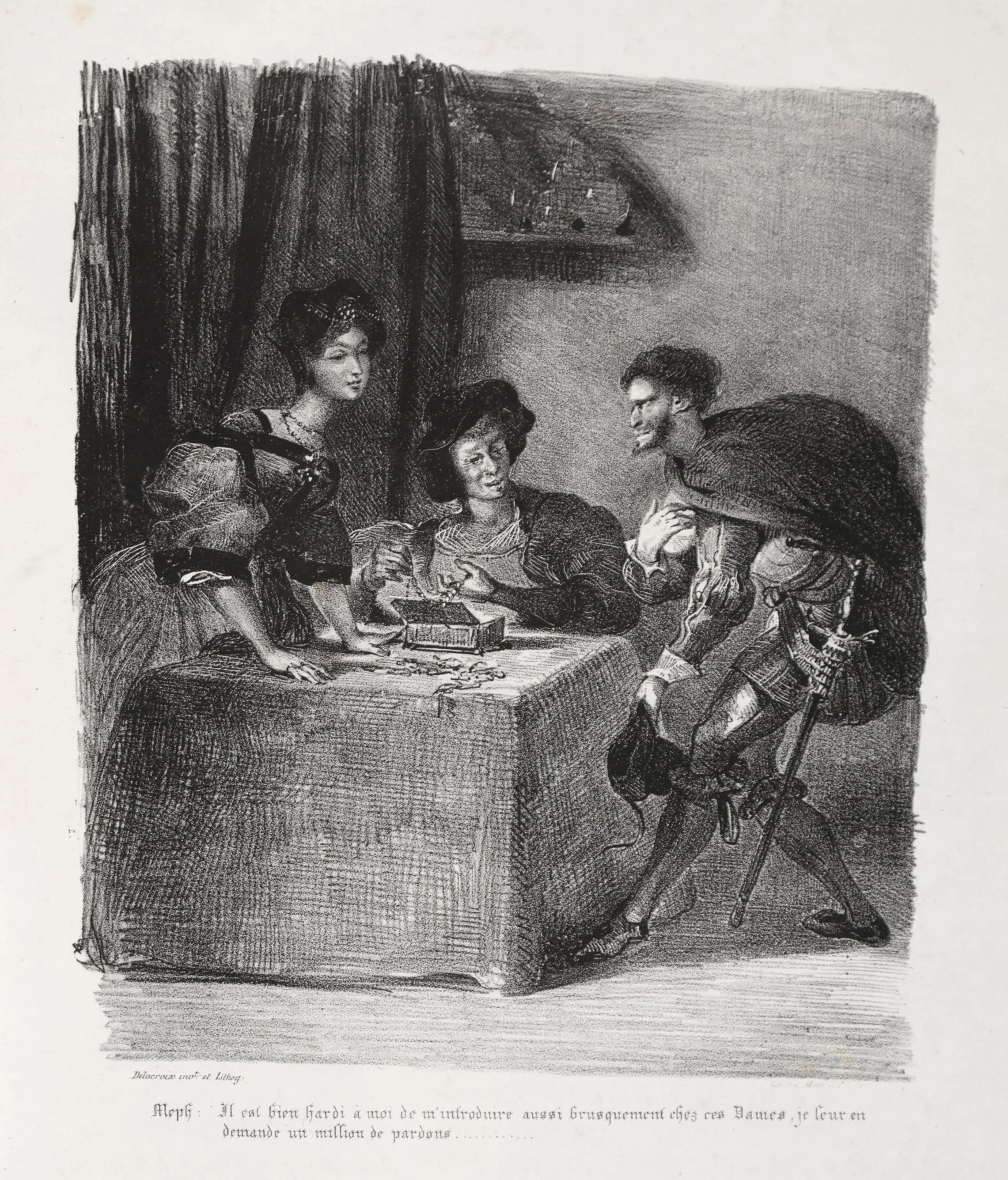 Illustrations for Faust: Méphistophelés is at Marthe, by Eugène Delacroix, 1828