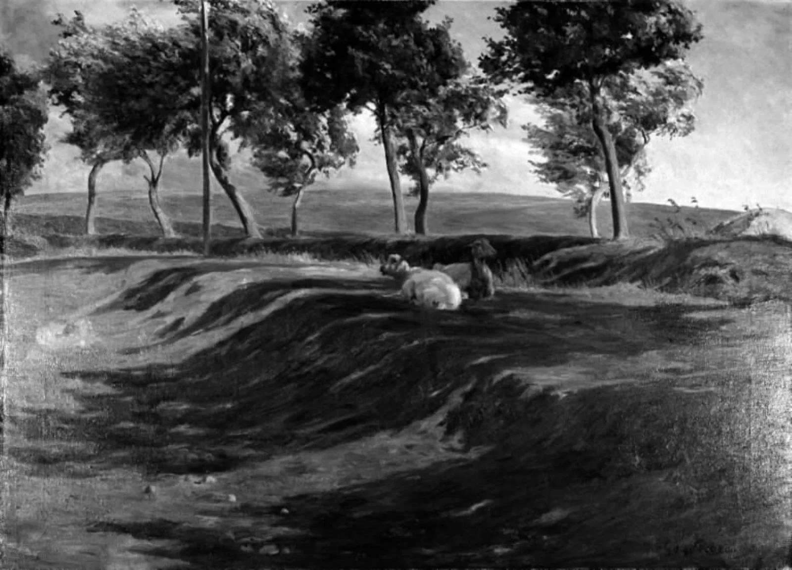 Ved vejen, blæst. Landskab med to får ved en vej, by Unknown, 1906