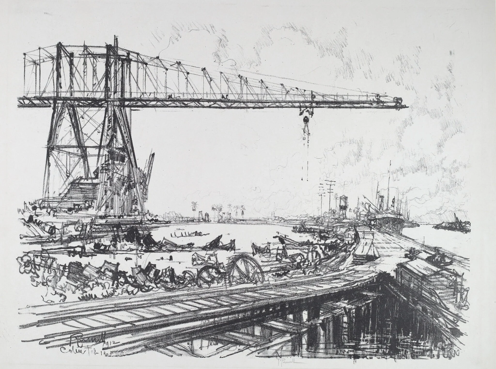 French Canal and American Cranes, by Joseph Pennell, ink, 1912