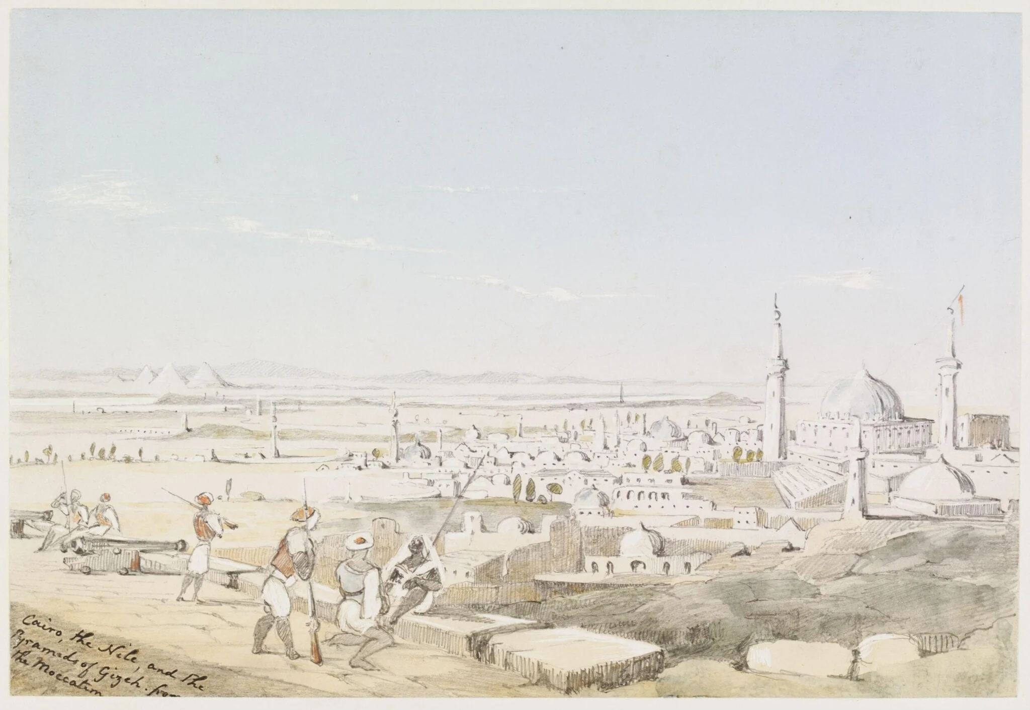 Cairo, the Nile, and the Pyramids of Gizeh.  from the Moccat[e]m, by Unknown, watercolor, 1844