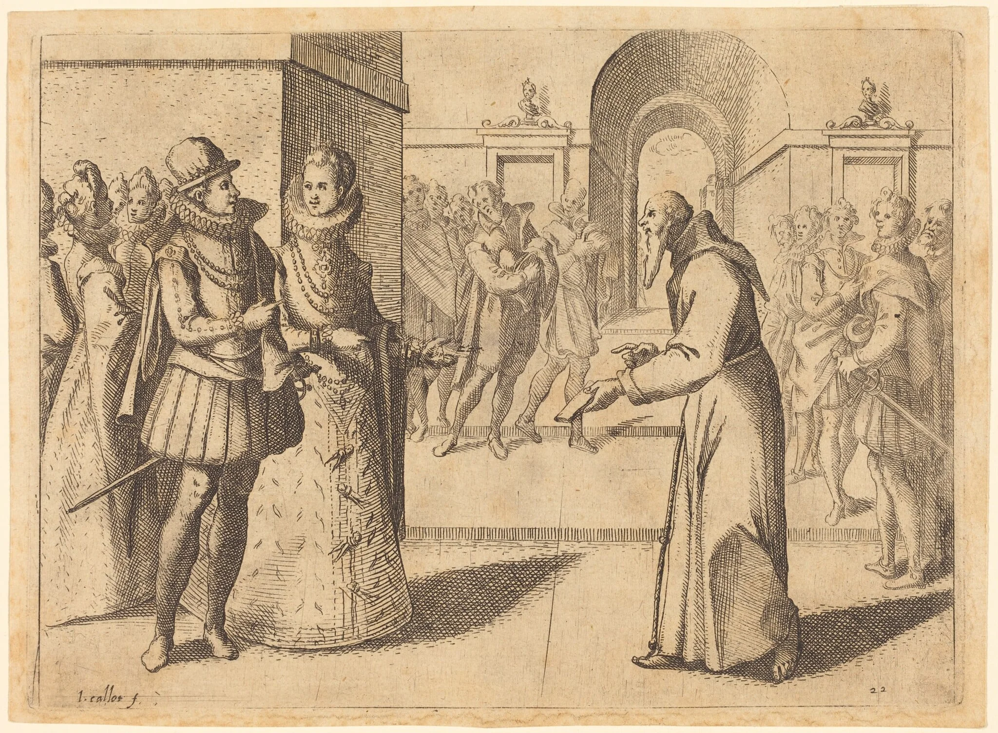 A Capucin bringing thanks of the King of Bavaria, by Jacques Callot, ink, 1612