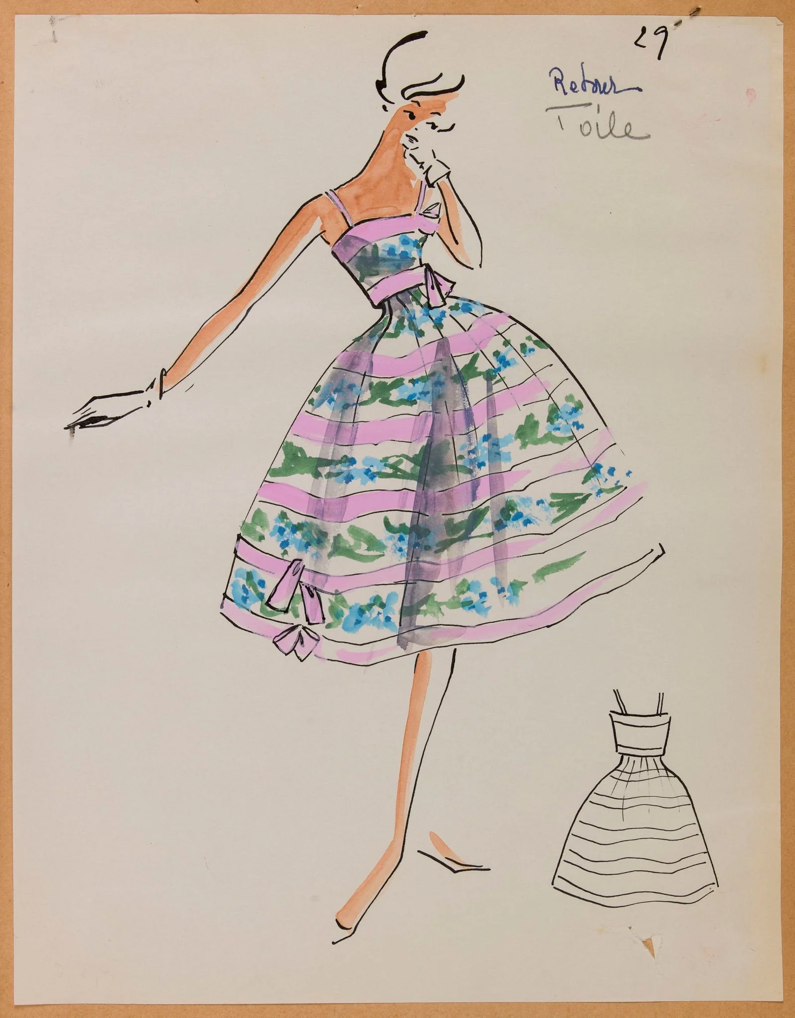 Robe à fines bretelles à alternance de bandes rose et de motif floral, by Carven, 1957