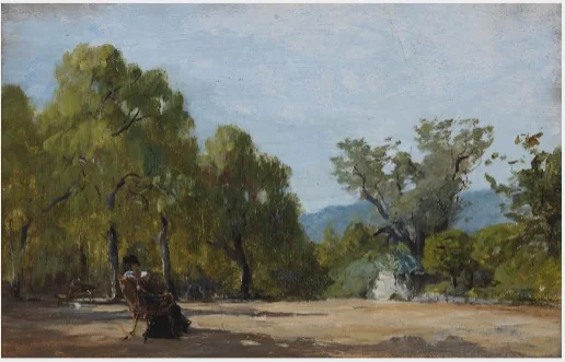 A View in a Park with the Seated Figure of a Lady, by Unknown, oil, 1900