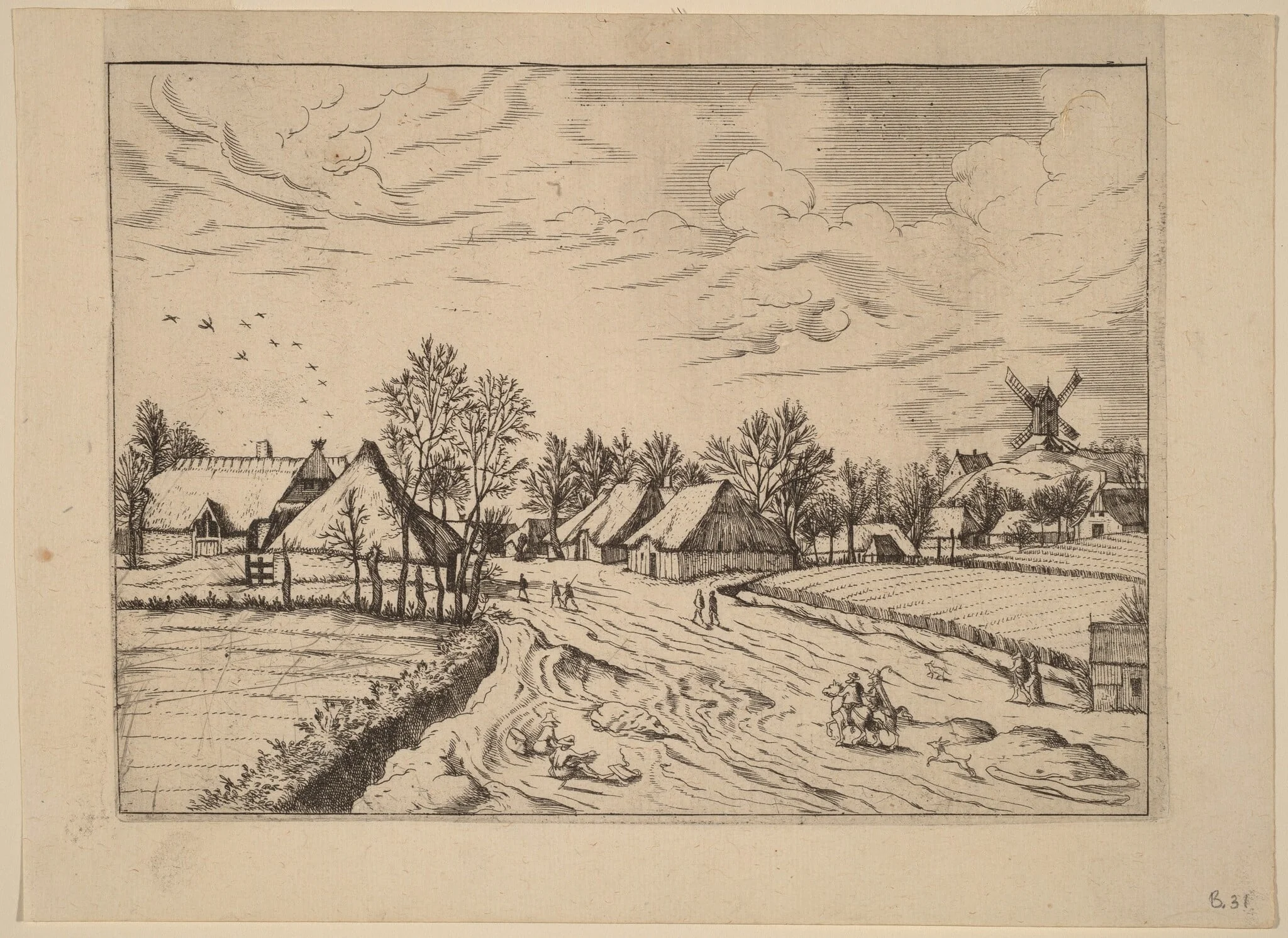 Country Village with Post Mill, by Johannes van Doetechum the Elder, ink, 1605