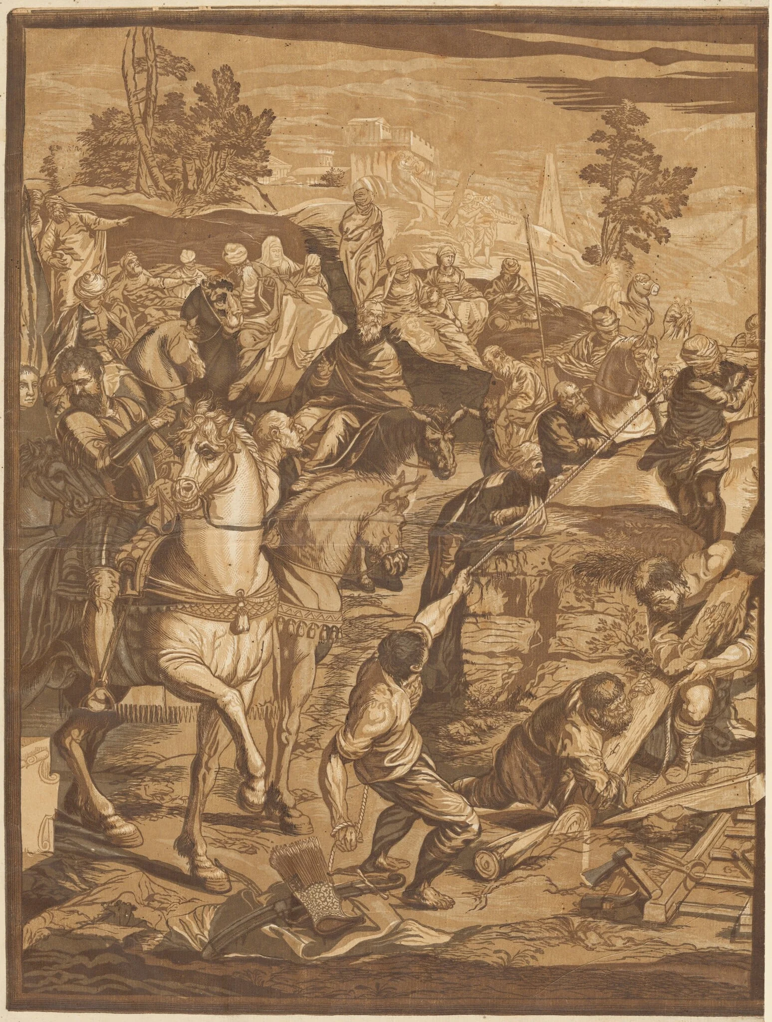 The Crucifixion (left panel), by John Baptist Jackson, ink, 1741