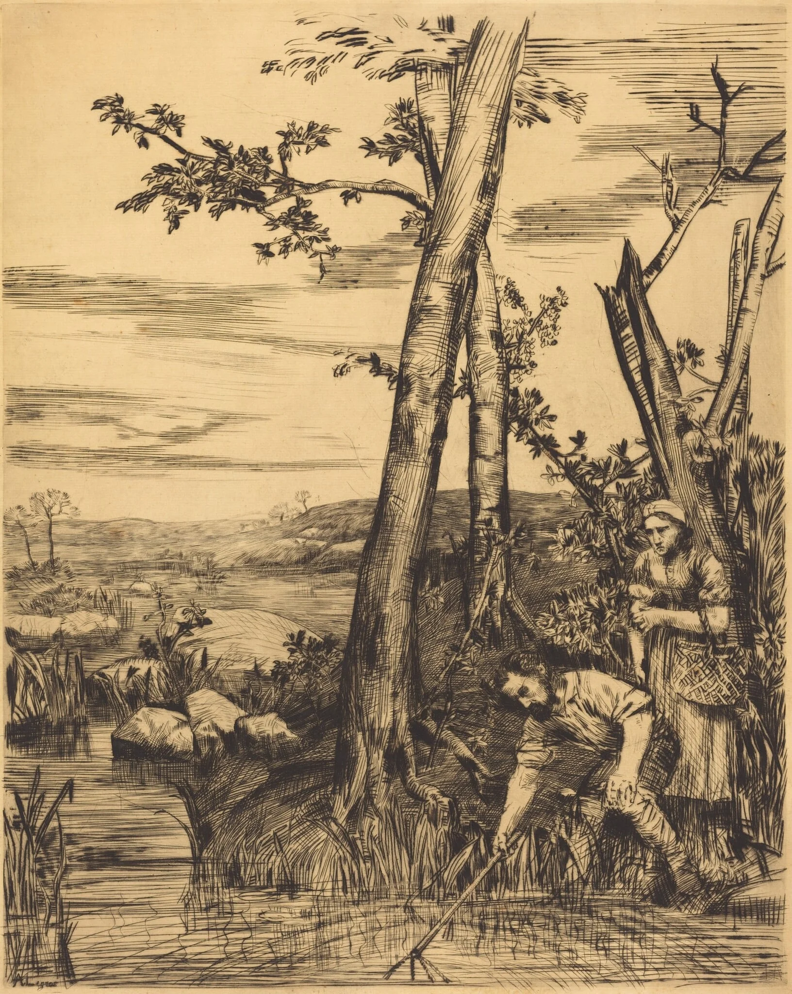 Fishing for Crayfish (Les pecheurs d'ecrevisses), by Alphonse Legros, ink, 1874