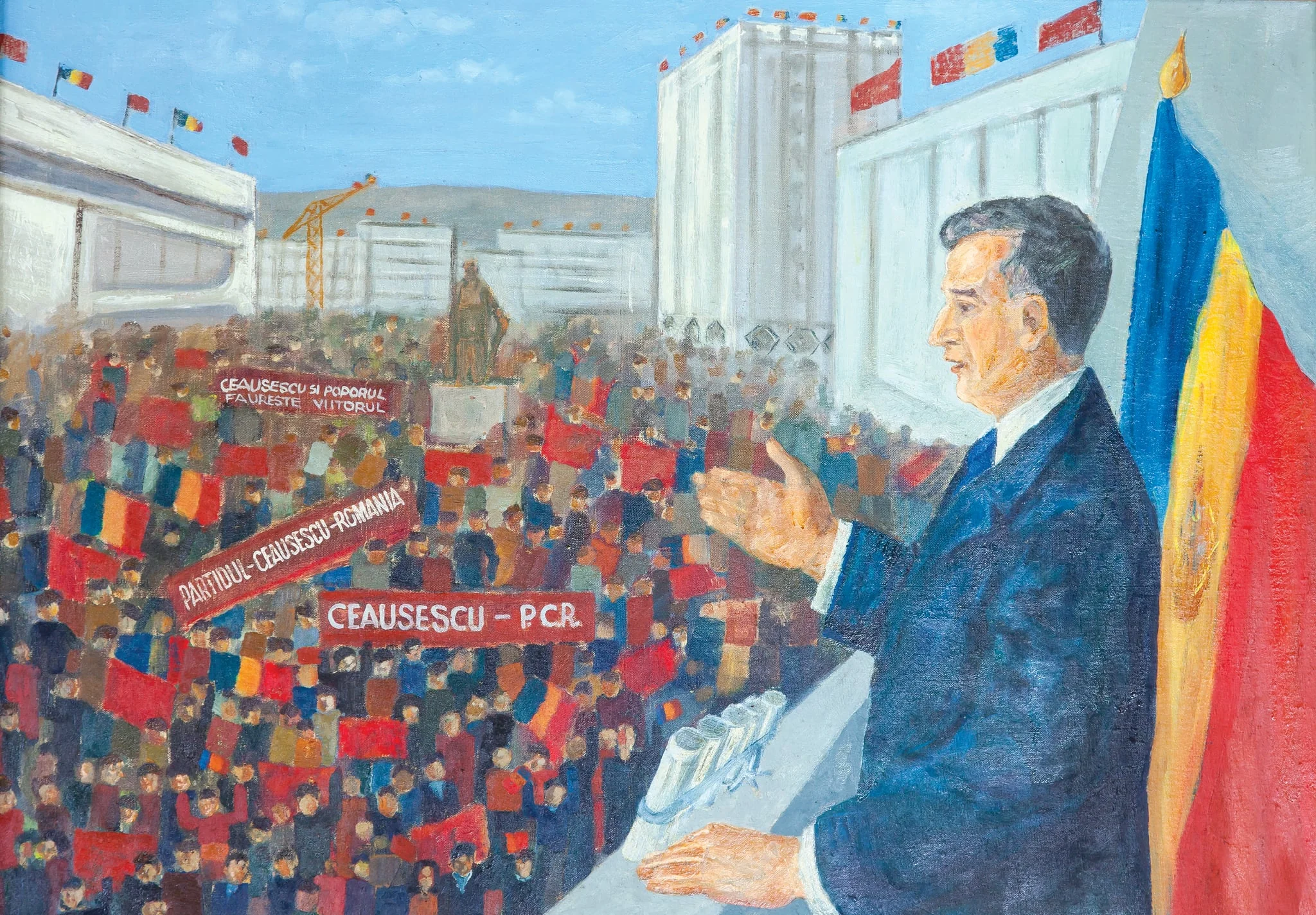 Tablou, ulei pe pânză, „Adunarea populară din Vaslui, iulie 1975”. Realizat de Cercul de Artă Plastică „Arta Vaslui”. Nicolae Ceaușescu vorbește de la balcon oamenilor muncii adunați în centrul civic din Vaslui. Se distinge statuia lui Ștefan cel Mare. Oamenii muncii flutură steaguri și pancarte (”Ceaușescu PCR”, ”Partidul - Ceaușescu - România”, ”Ceaușescu și Poporul Făurește Viitorul”. Oferit de Comitetul Județean de Partid Vaslui, 23 ianuarie 1978., by Unknown, 1850