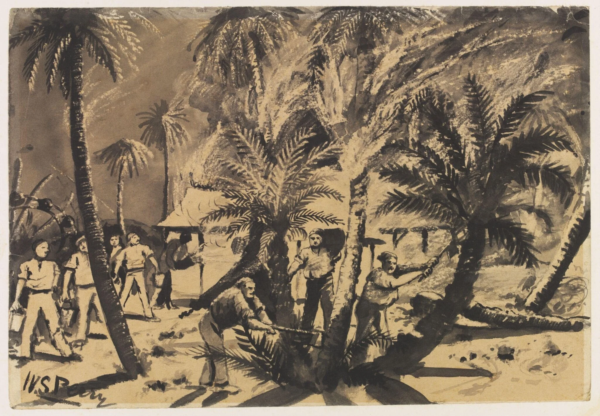 The Heavies Camp on fire at Hafir April 1885, by William S. Perry, watercolor, 1885