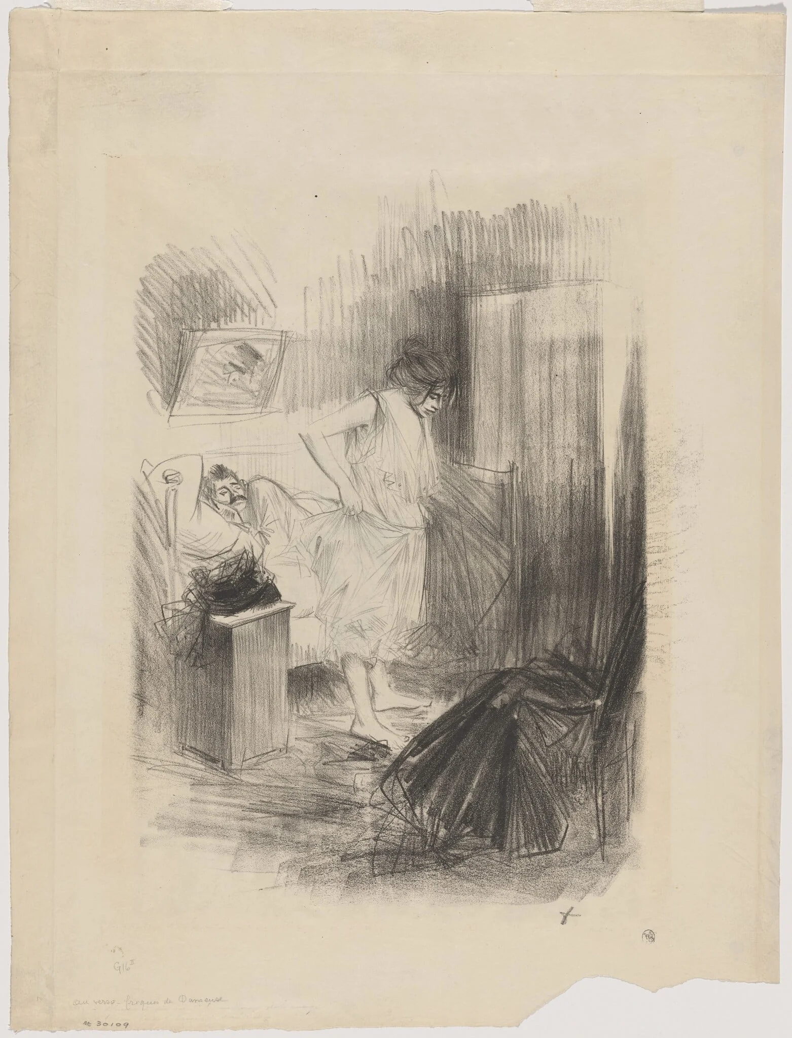 a) L'amour à Paris (Love in Paris) (recto); b) Untitled (verso), by Jean-Louis Forain, graphite, 1893