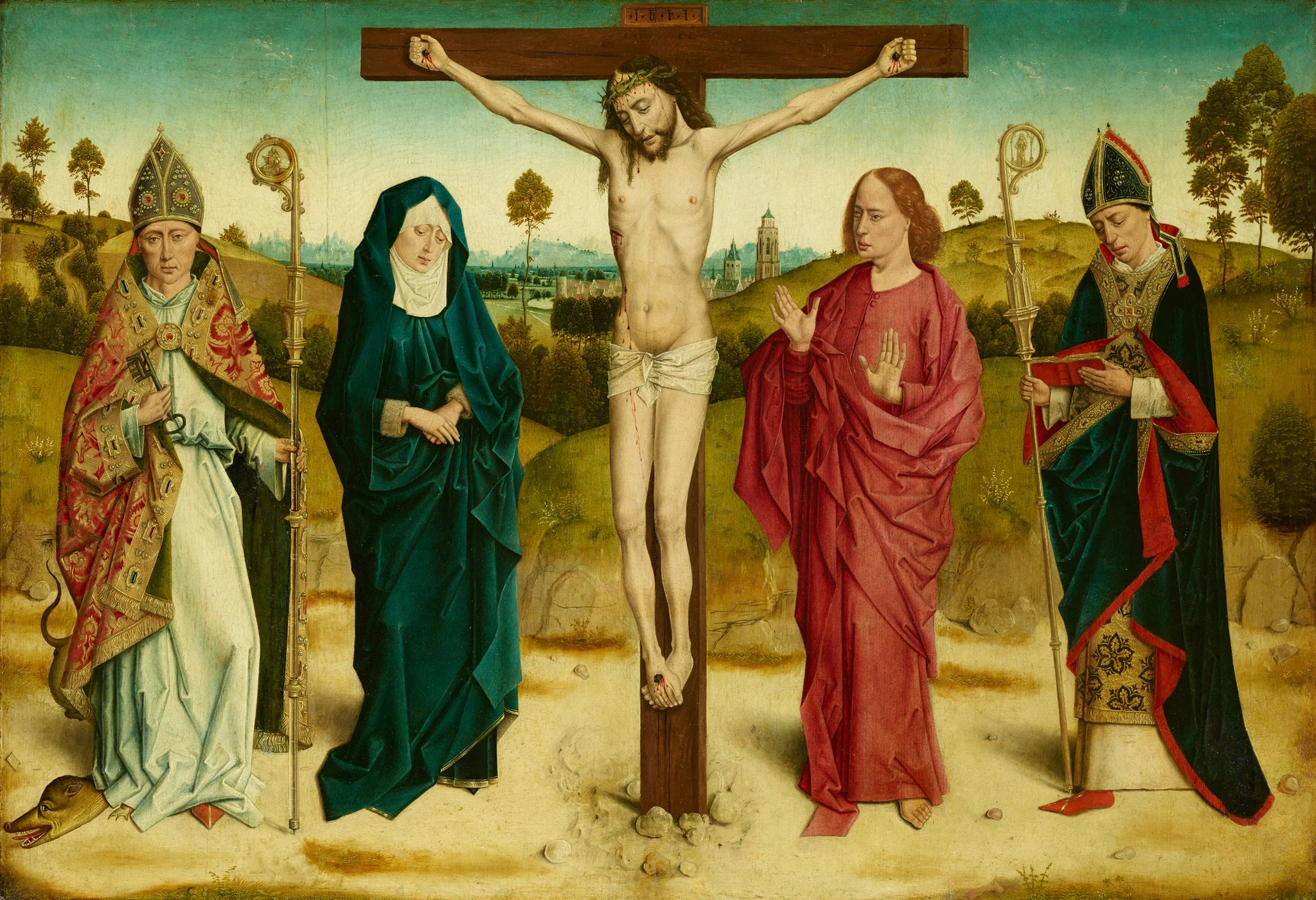 Christ crucified between Mary and John the Evangelist and the saints Adolphus and Ambrosius, by Unknown, unspecified, 1490