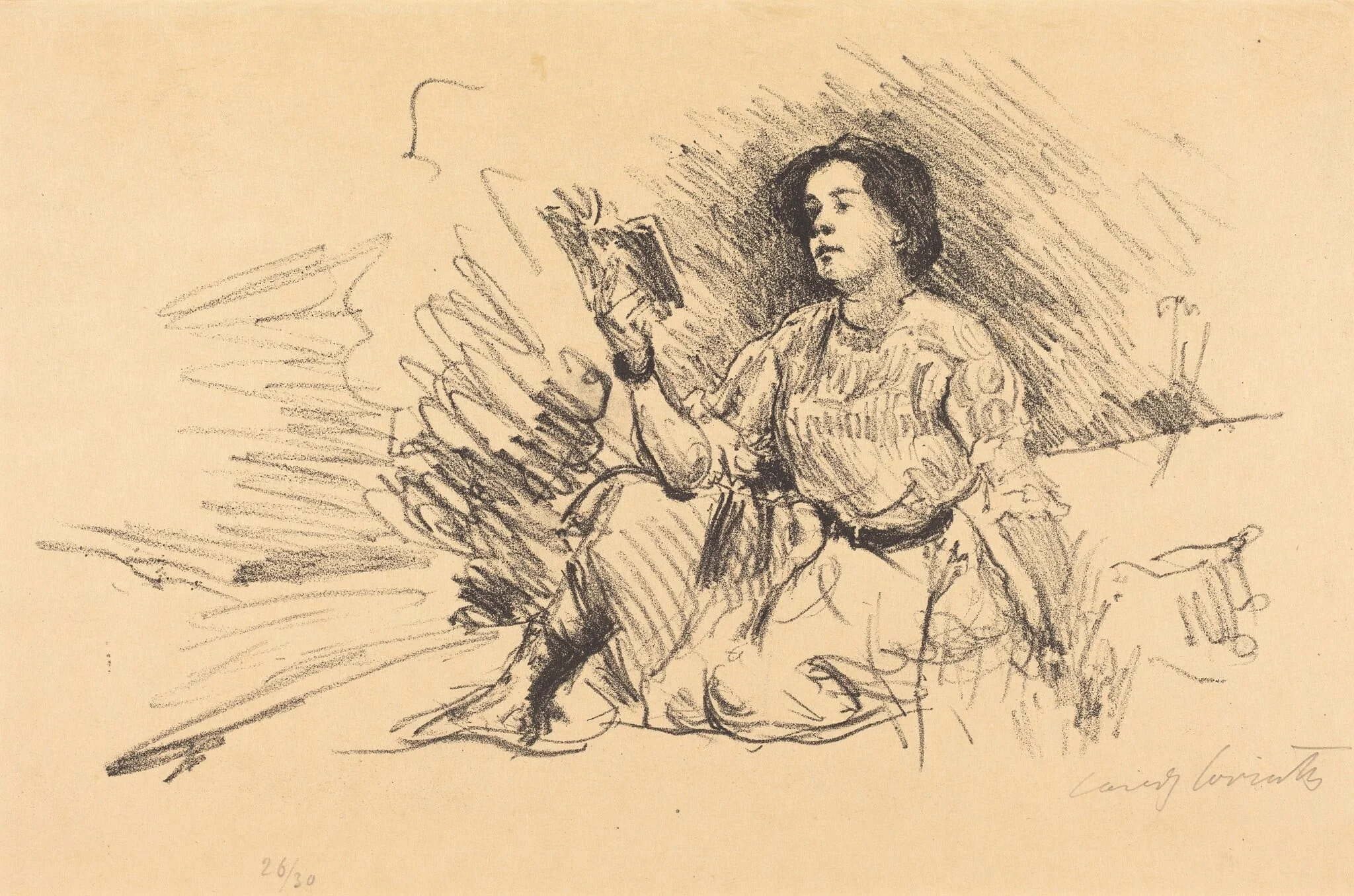 Lesendes Mädchen (Girl Reading), by Lovis Corinth, ink, 1911