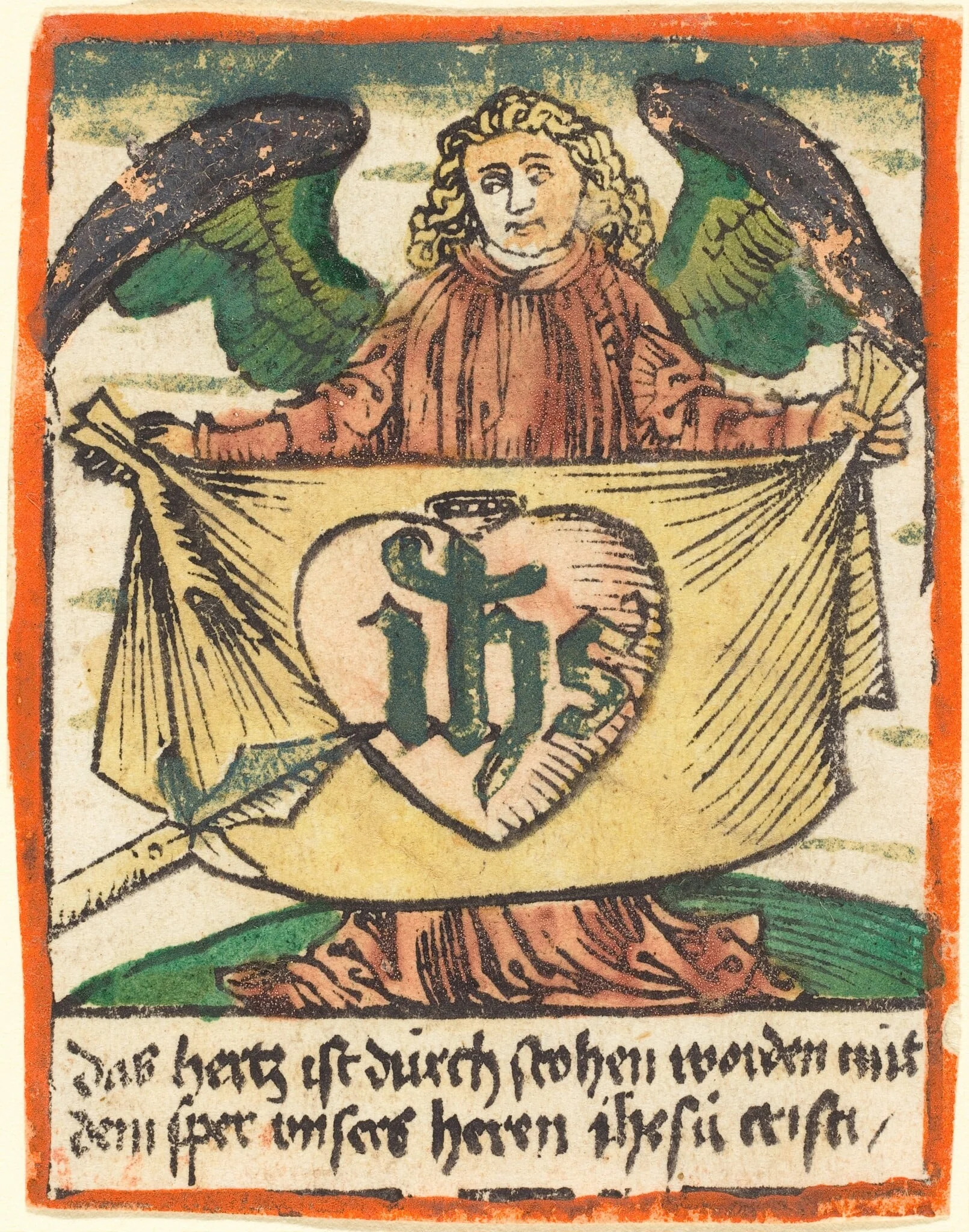Sacred Monogram in a Sacred Heart on a Cloth Held by an Angel, by German 15th Century, ink, 1480