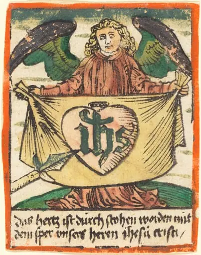 Sacred Monogram in a Sacred Heart on a Cloth Held by an Angel