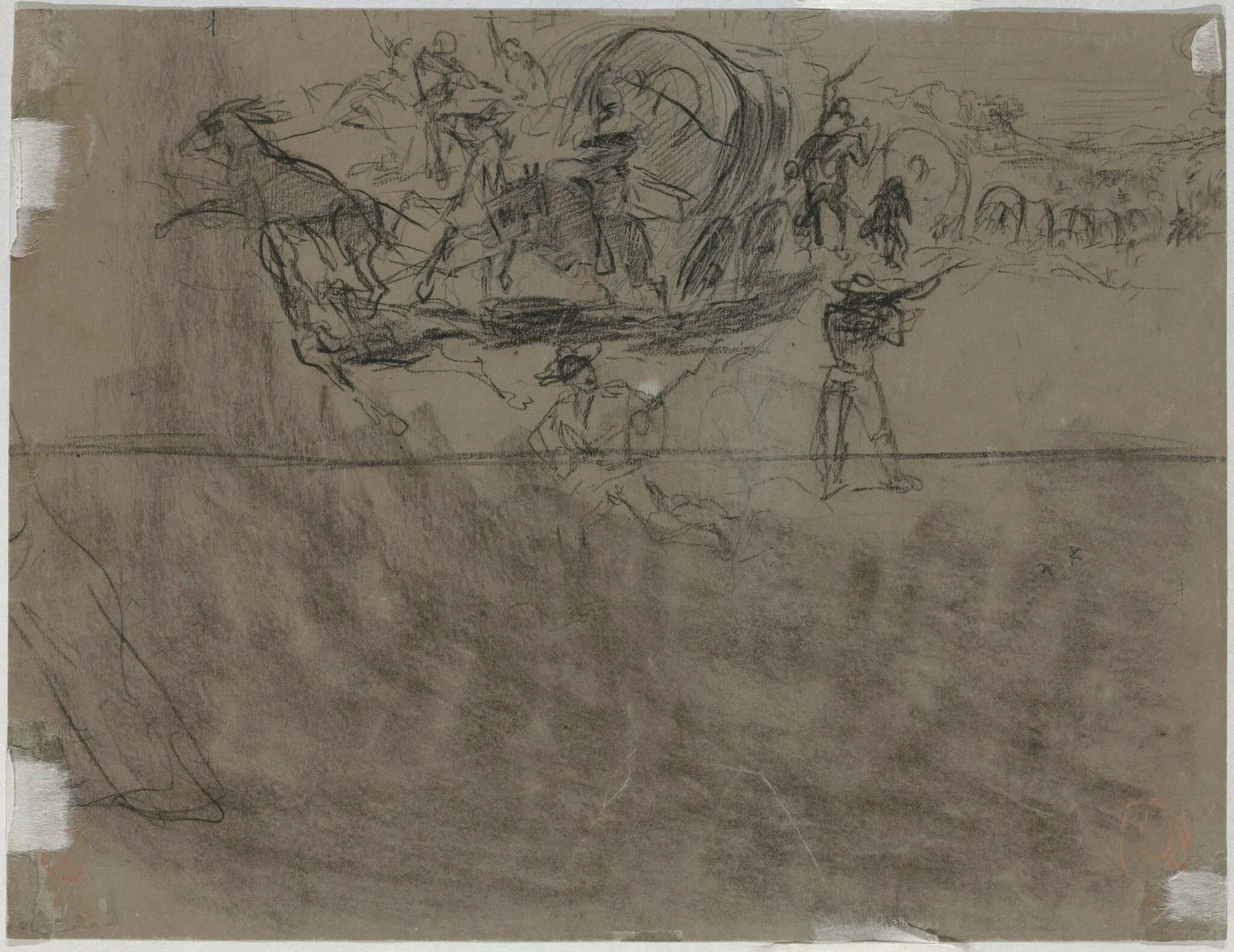 Skirmish Involving a Wagon Train [verso], by Winslow Homer, charcoal, 1864
